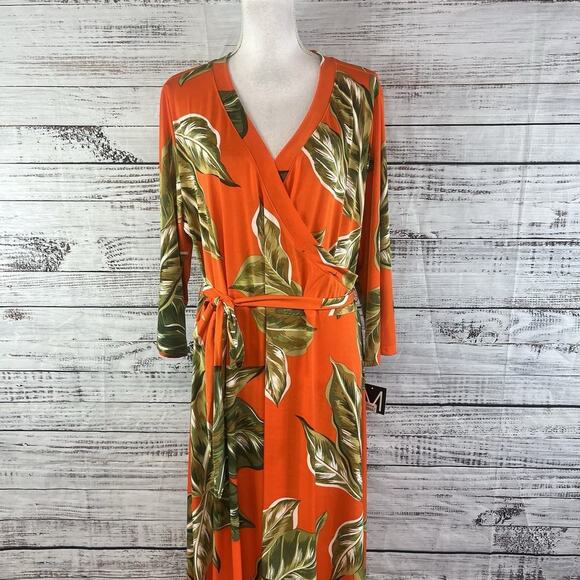 Mlle Gabrielle Dress Plus sz 3X Orange Tropical Slinky Midi Modest Wedding Beach - Picture 3 of 16
